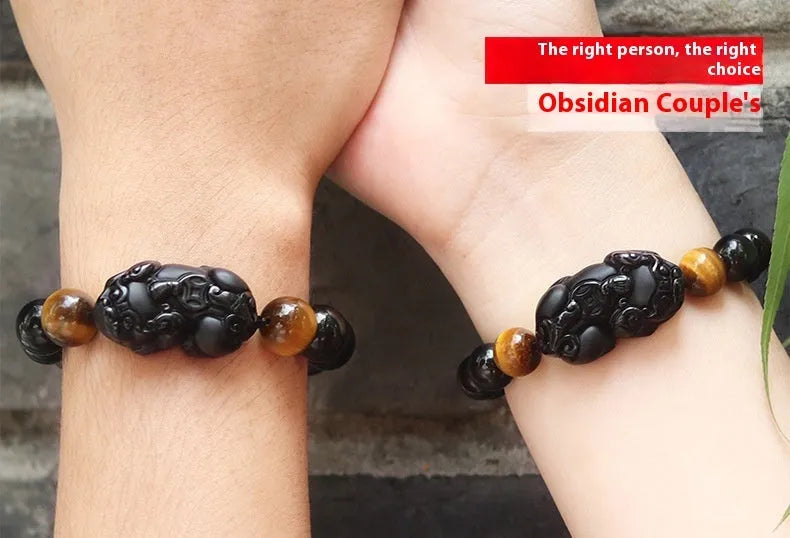 Black obsidian bracelet with gold sheen finish and Pixiu charm in four size options