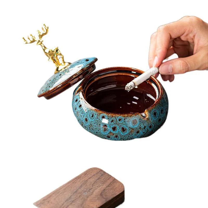 Kiln baked blue ceramic ashtray with lid, simple decorative home tabletop design