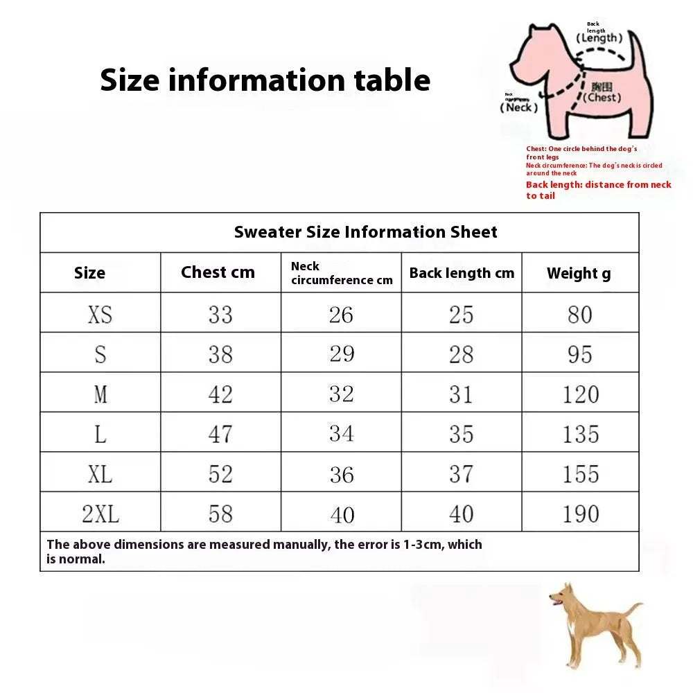 A thick knitted wool dog sweater shown in a two-tone colour, sized for a small breed.
