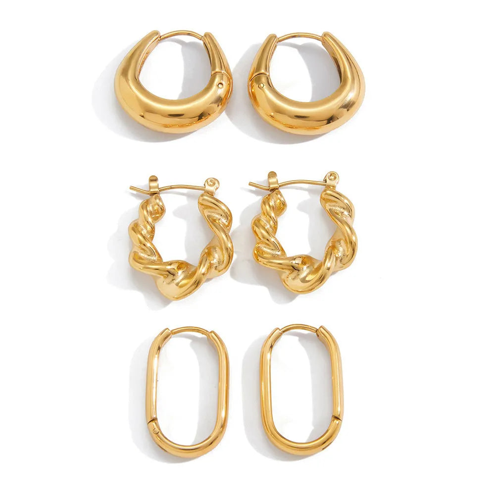 18K gold titanium steel clip-on earrings, geometric ellipse shape, light luxury design, stainless steel with electroplated finish