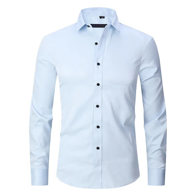 Men's solid colour stretch long sleeve work shirt made from polyester fabric on a hanger.