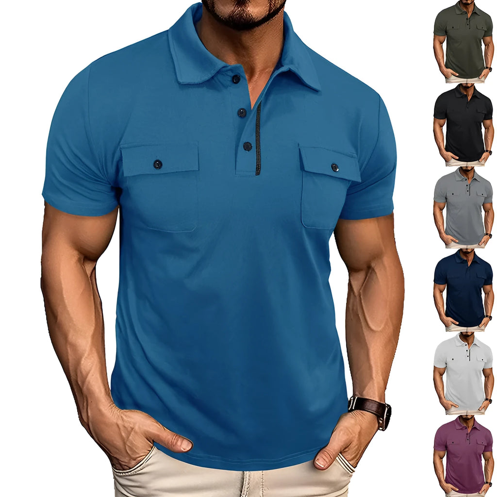 Men's cotton blend polo shirt, short sleeve, loose fit, lapel collar, with pockets, in army green