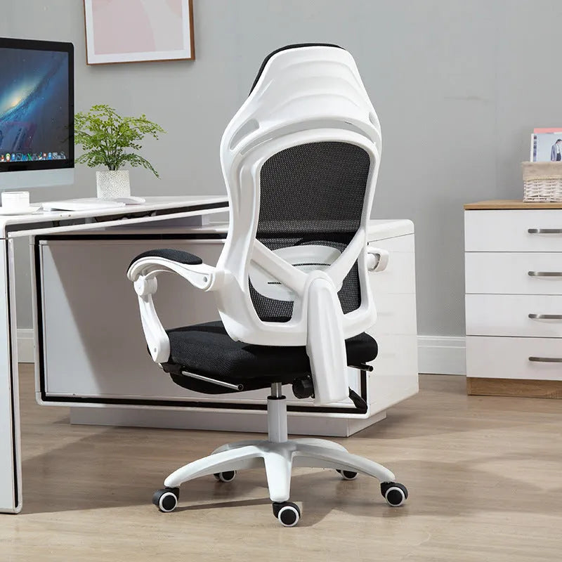 Black ergonomic computer gaming chair with linkage armrests and rotating office design