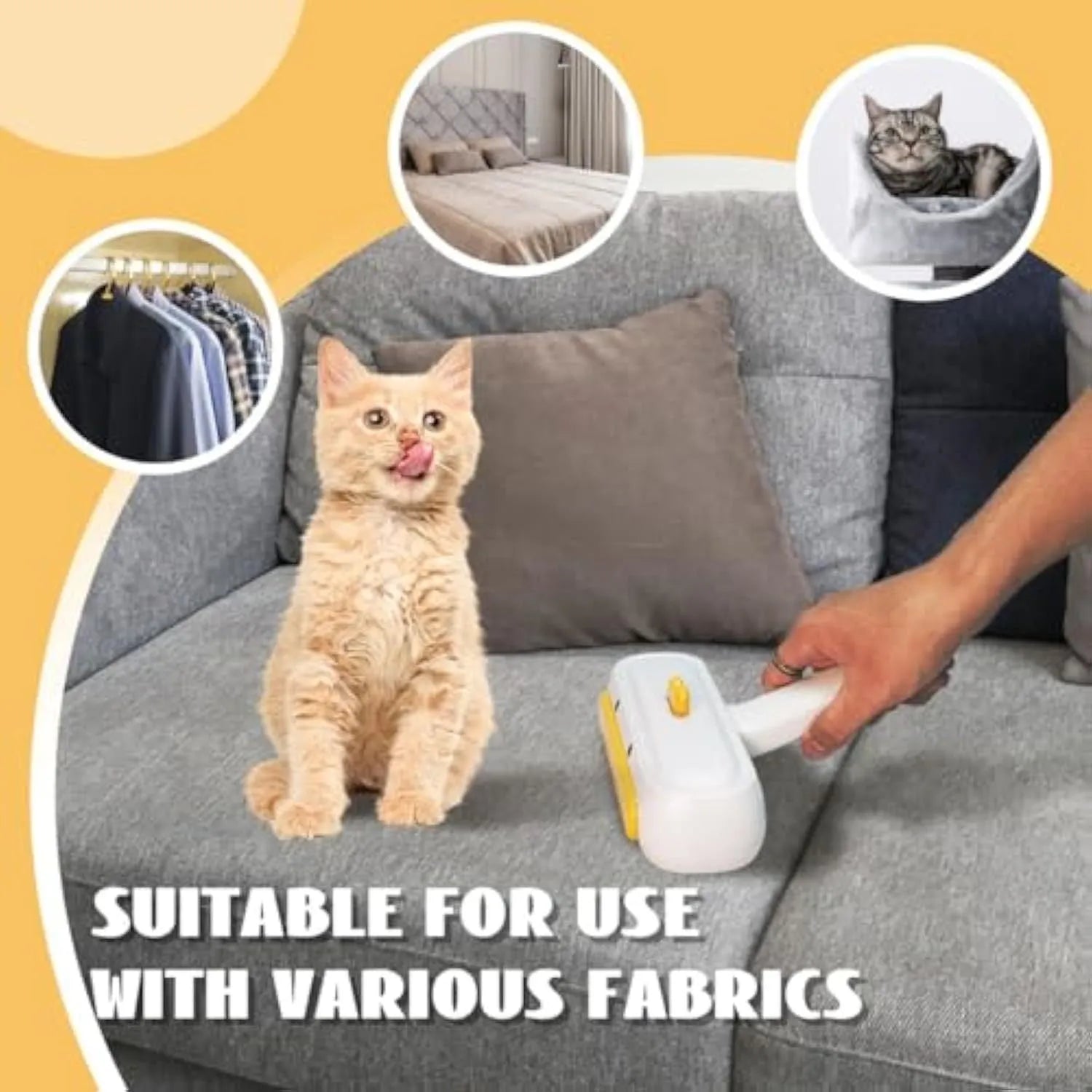 Portable pet hair remover brush with yellow duck design and white plastic body
