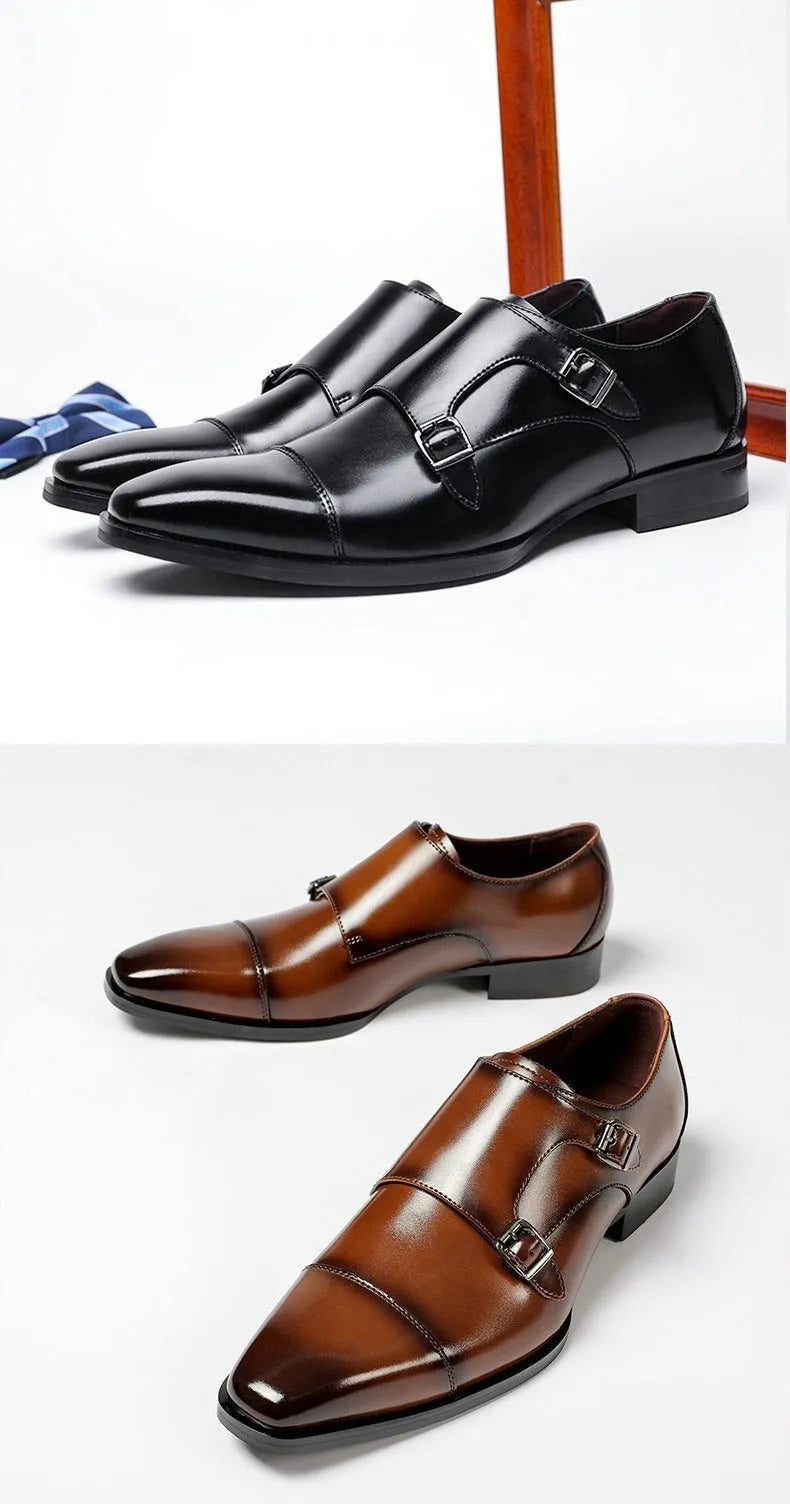 Men's black leather shoes with square toe design and low-top height for business formal wear