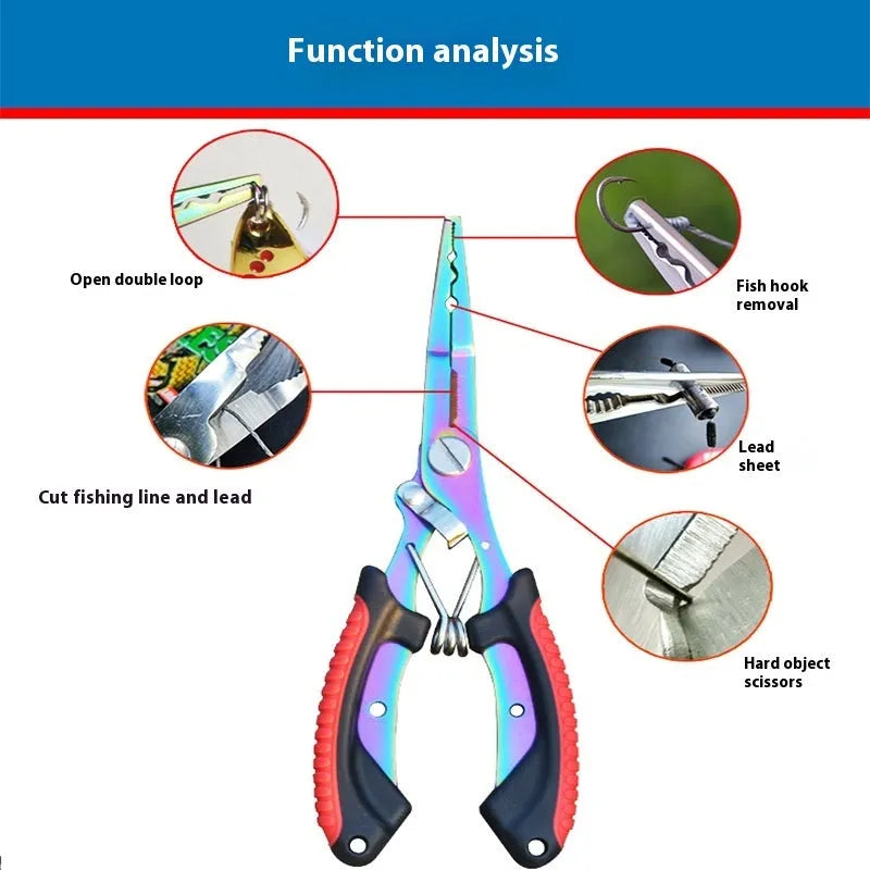 Multifunctional fishing pliers with blue handle, straight mouth, hook, and nylon storage bag.