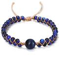 Handmade woven geometric pull bracelet in blue Tigereye or purple Amethyst beads.