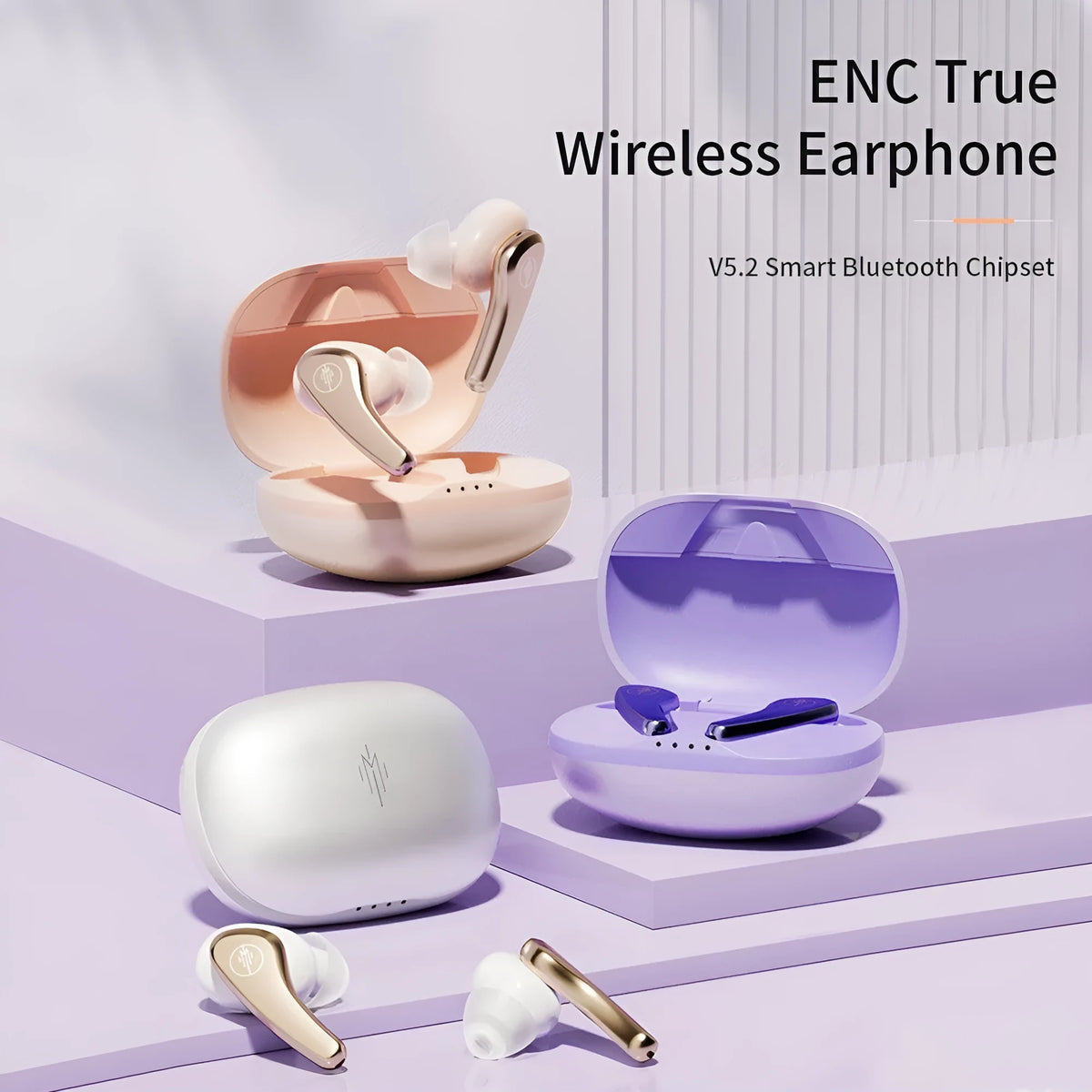 Wireless in-ear Bluetooth 5.3 headset in white, pink, purple, or black with charging compartment and data cable
