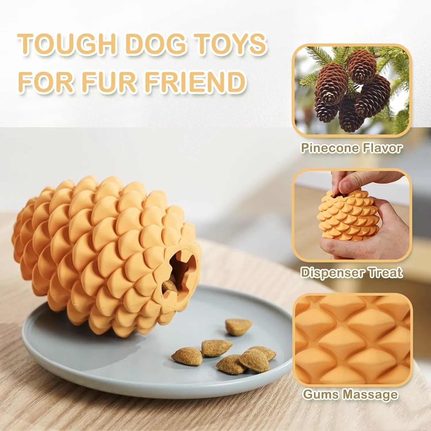 Yellow pine cone shaped heavy duty dog chew toy with treat dispenser for large breeds