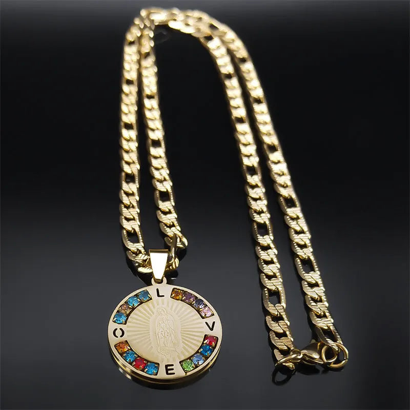 Geometric crystal necklace in titanium steel with electroplated gold or steel colour finish