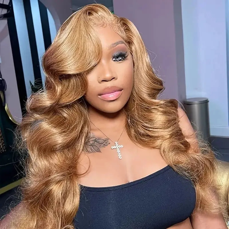 Light brown synthetic wig with long golden big waves, side bangs, and heat-friendly high temperature fibre.