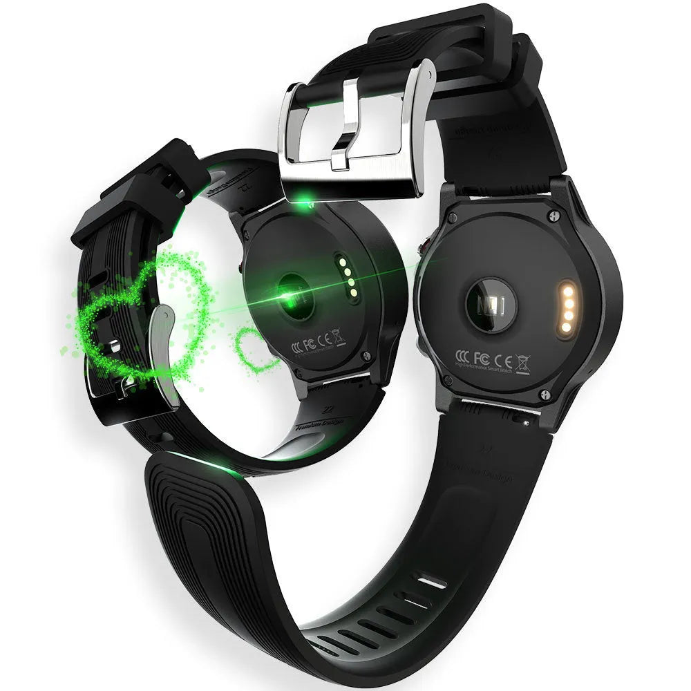 Black men's smart watch with digital screen showing fitness stats.