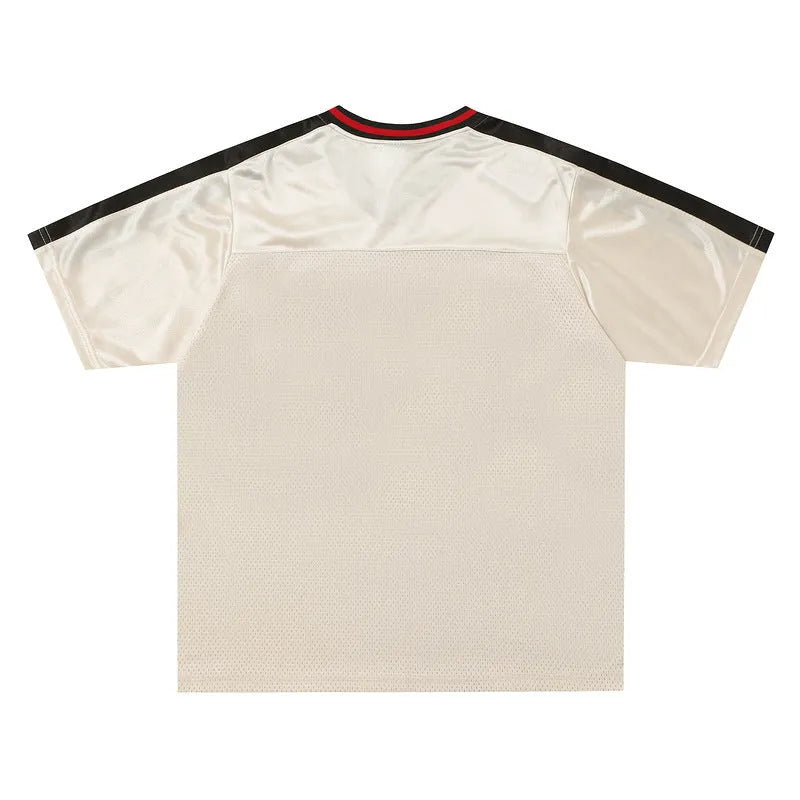 Men's apricot V-neck loose jersey with letter pattern and drop shoulder sleeves