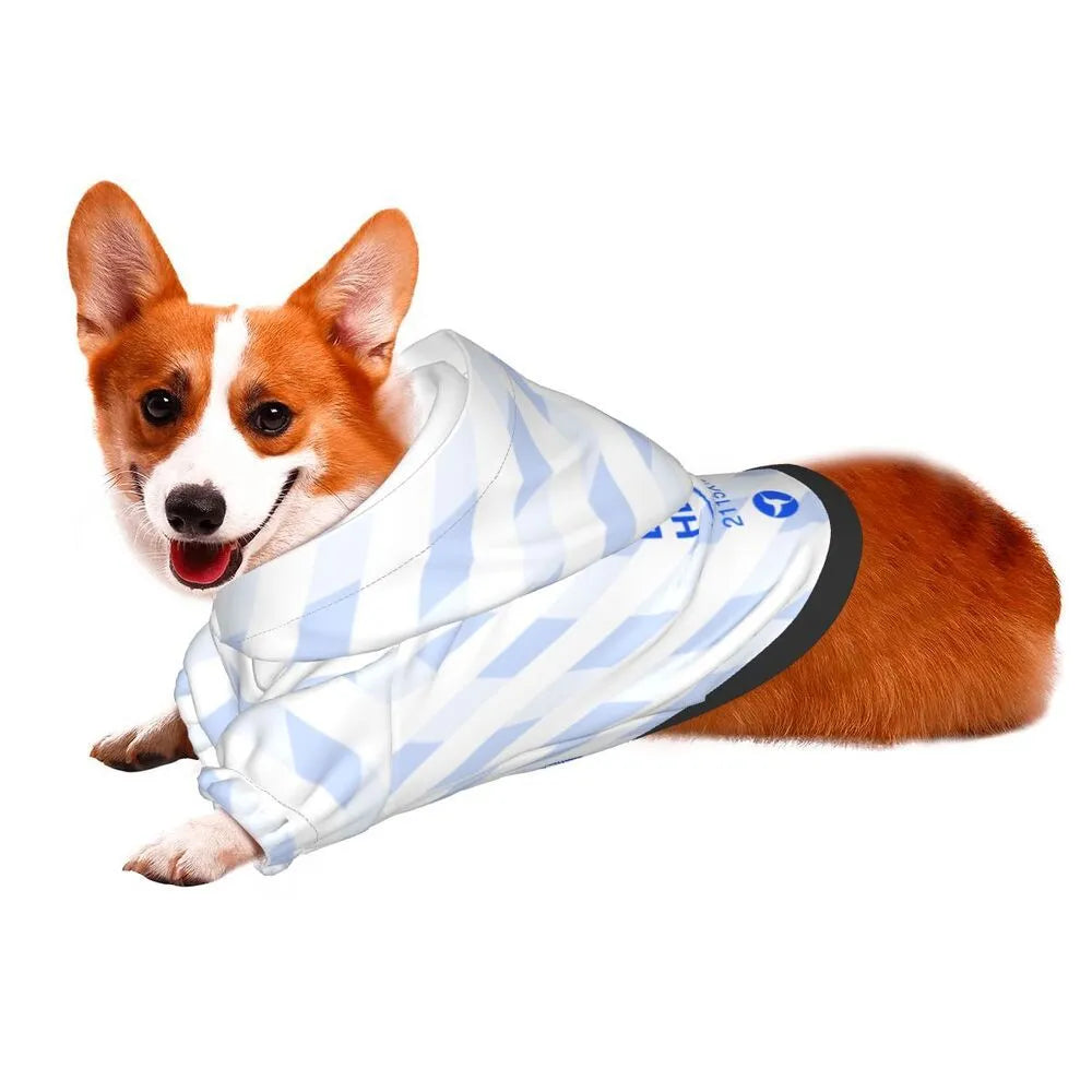 Black small pet hooded sweater in polyester with full-width single-sided print and elasticated cuffs