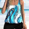 Blue tie-dyed floral print women's two-piece swimsuit with high leg split, sizes 1XL to 5XL
