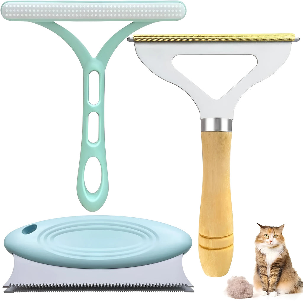 Three-piece pet hair remover set with metal lint shaver, silicone brush, and round ABS/TPR cleaner