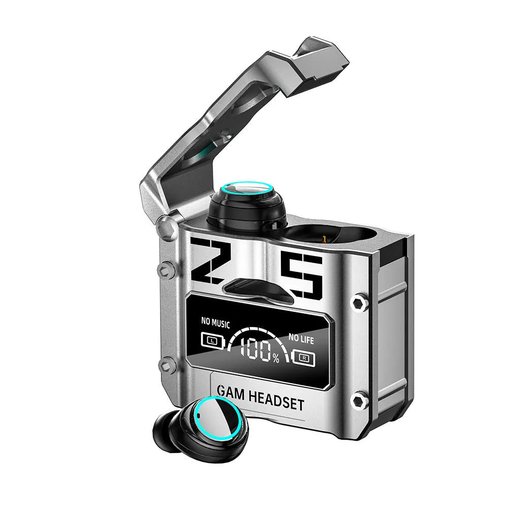 Science fiction metal capsule headset in bright silver with stereo earplug design