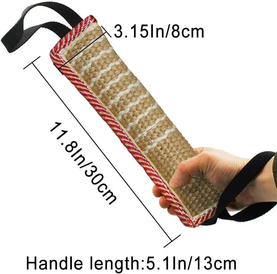 Beige and pink jute dog tug toy with two handles for tug of war games