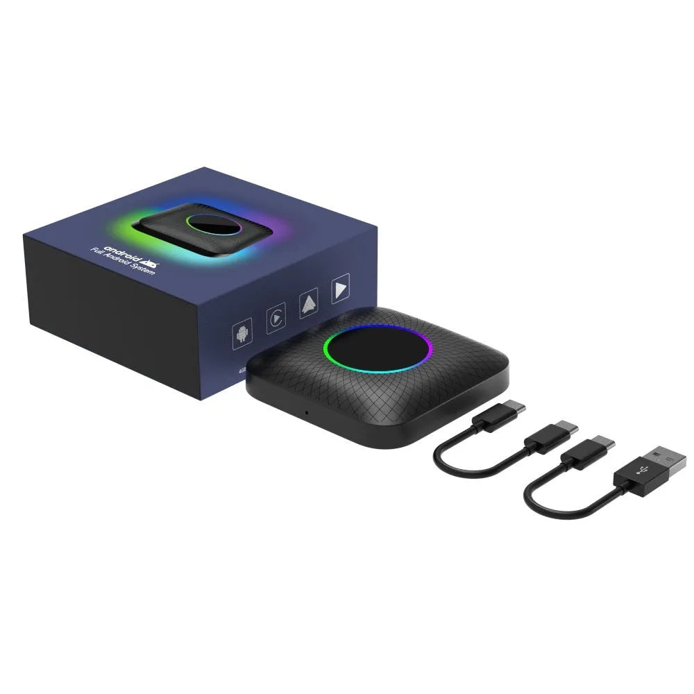 Tbox-Led Wireless Carplay Android 13 box with dimensions and headphone accessory
