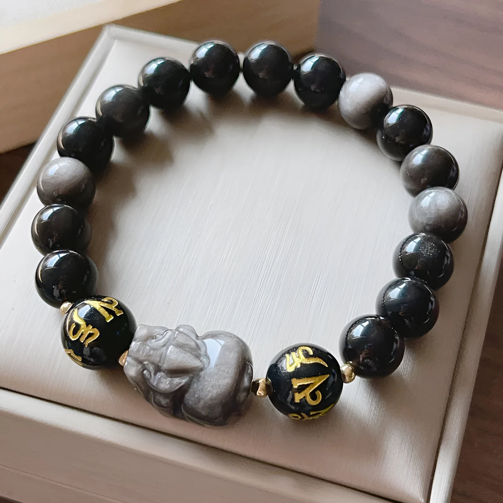 Natural silver stone men's bracelet with beaded zodiac and proverb design in Chinese style