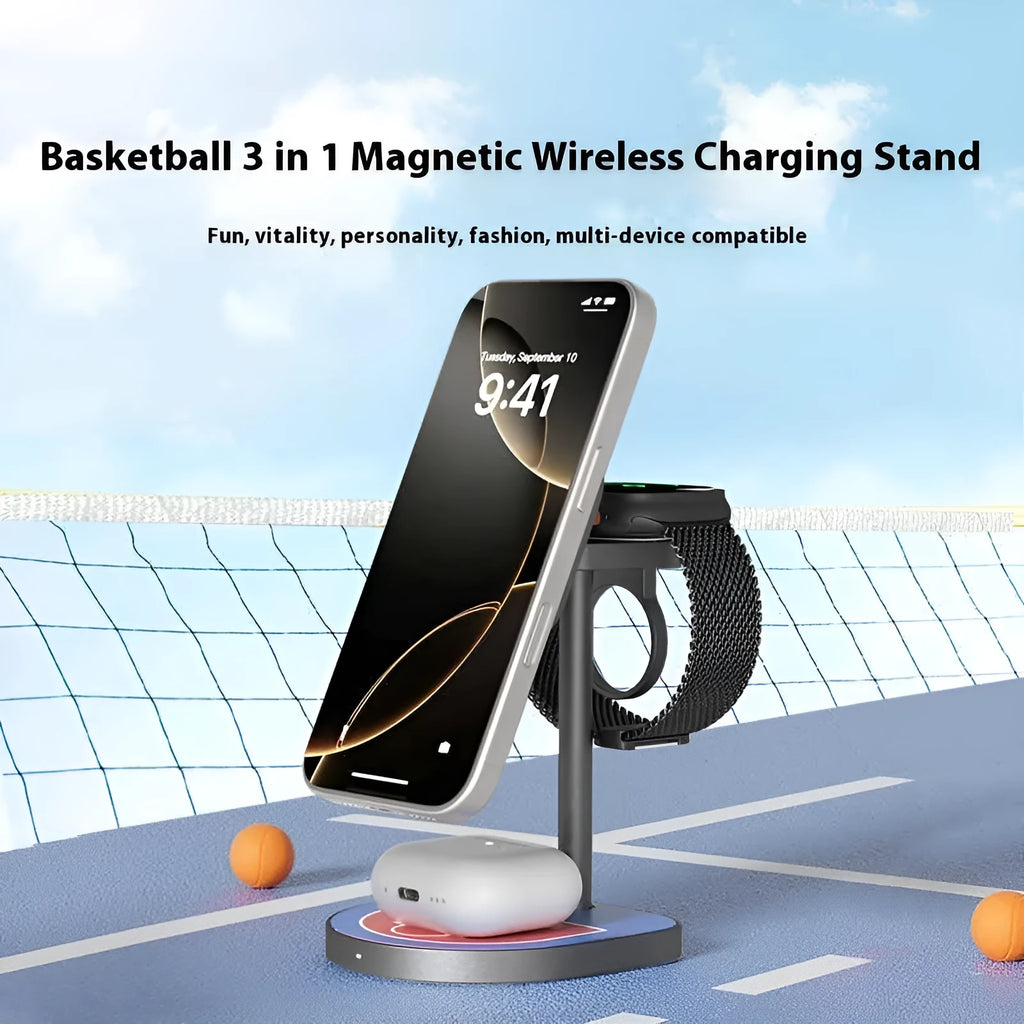 Three-in-one magnetic wireless charger with aluminium alloy body in black, red blue, or silver grey colour options.
