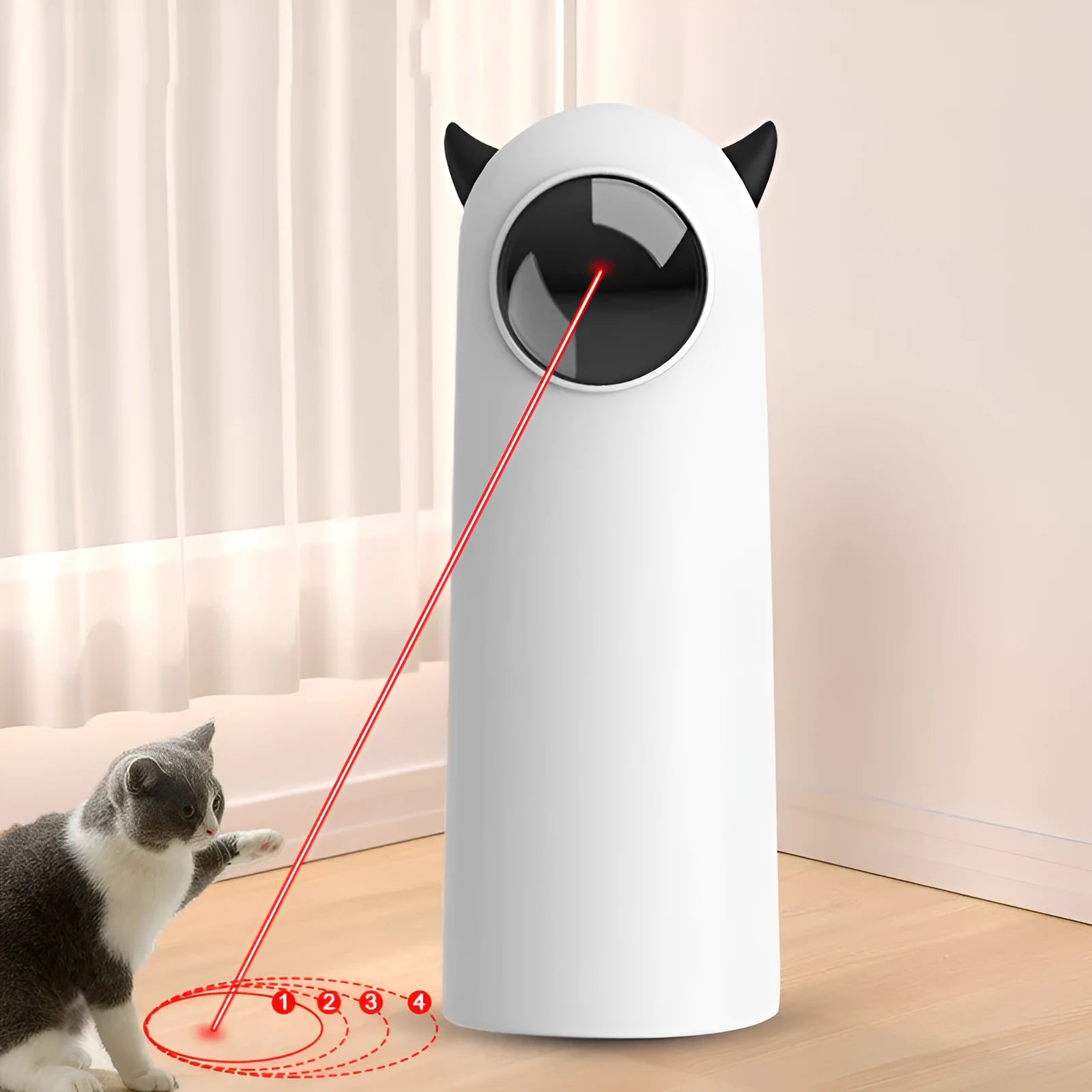 White electric automatic infrared cat teaser toy with USB charging on a minimalist background