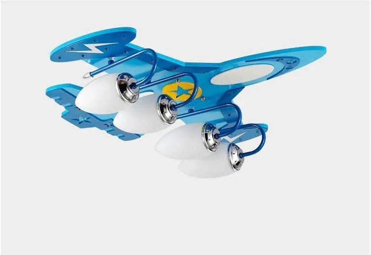 Children's aeroplane themed LED ceiling light with rectangular glass shade and wood frame