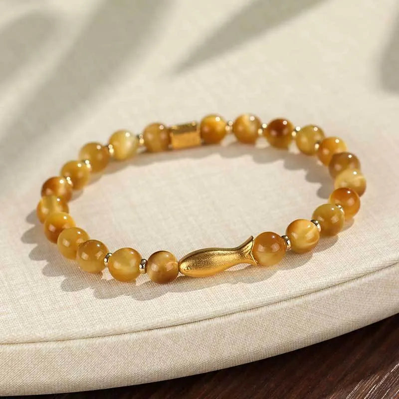Handmade yellow tiger eye small fish charm beaded bracelet for women