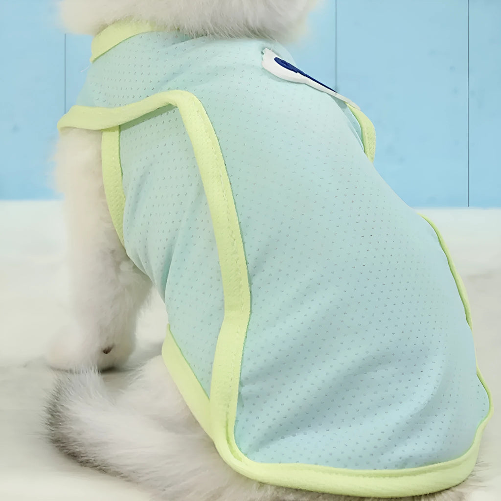 Lightweight green polyester anti-lint vest for cats on a mannequin.