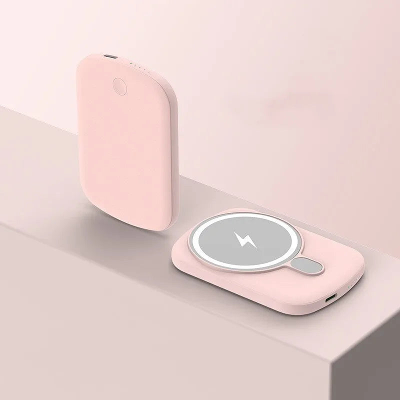 Magsafe magnetic wireless power bank in Barbie Pink, Black, White, or Purple, showing front view with creative design.