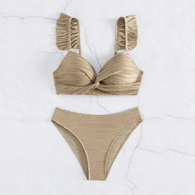 Women's solid colour bikini swimsuit in black or khaki with polyester fabric
