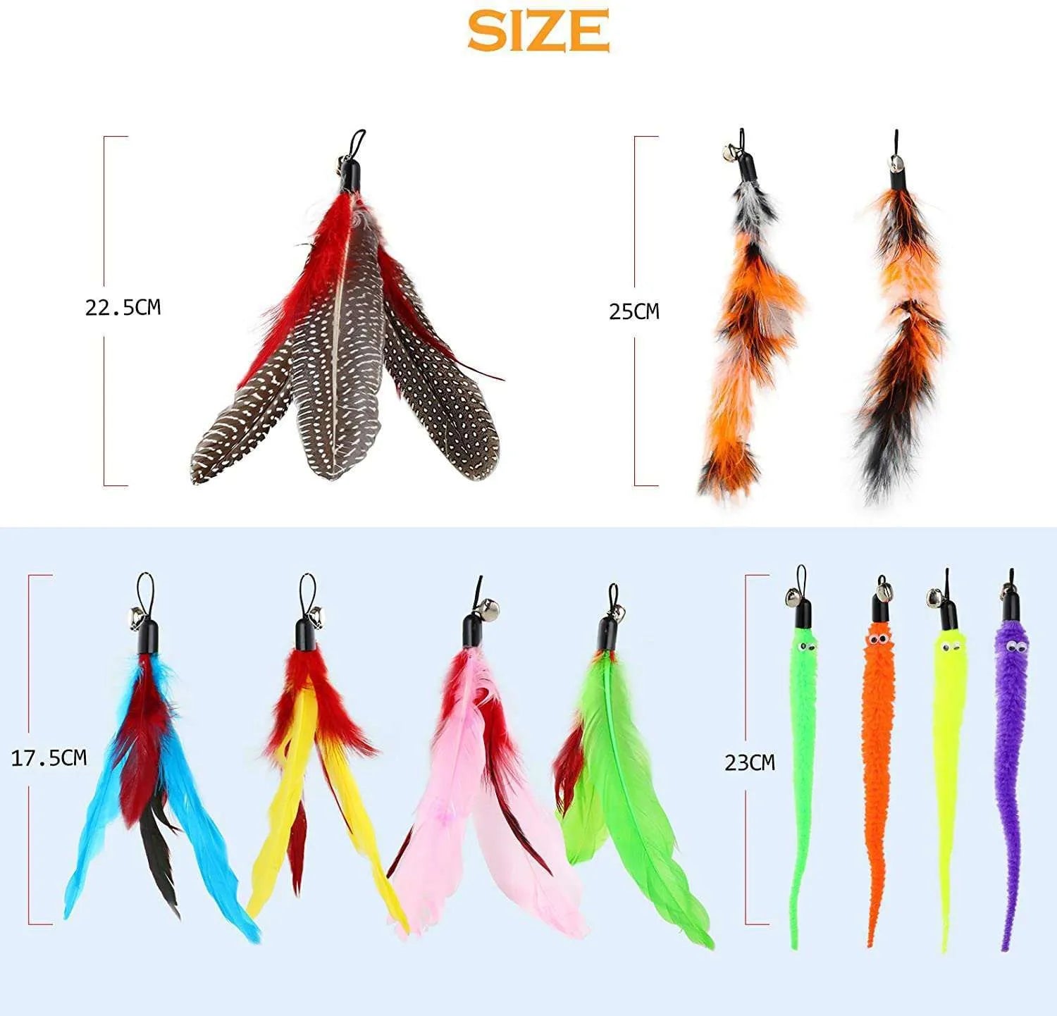 Cat fishing rod set with feather teaser attachments and ten replacement heads