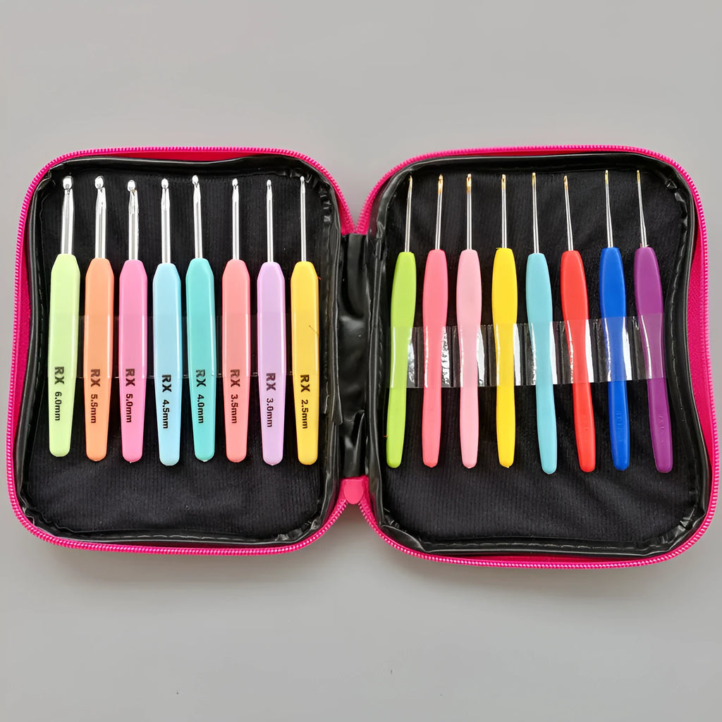 Complete set of 16 crochet hooks with soft and hard handles in a PU storage bag.
