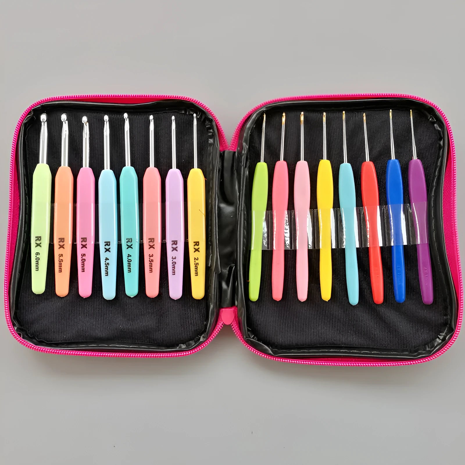 Complete set of 16 crochet hooks with soft and hard handles in a PU storage bag.