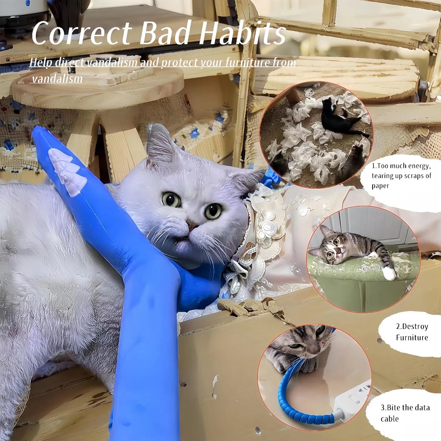 Blue plush cat wand toy with a soft head on a 70cm long stick for interactive pet play.