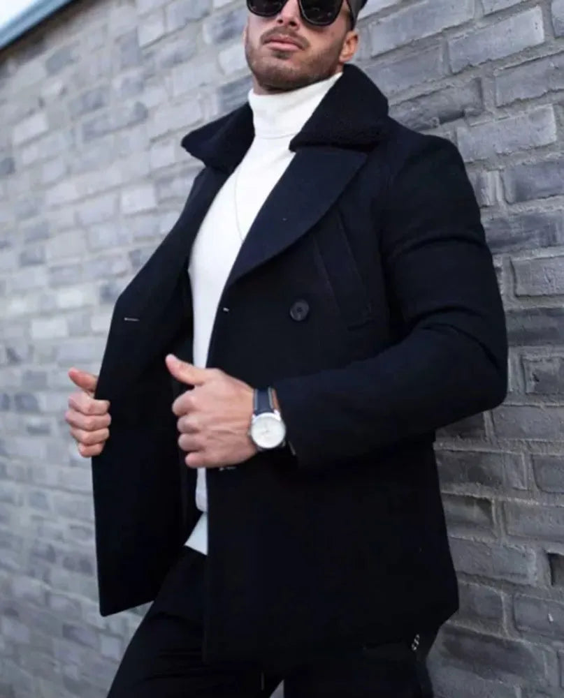 Men's fur collar woolen coat in black, thickened polyester, British style, sizes M to XXXL