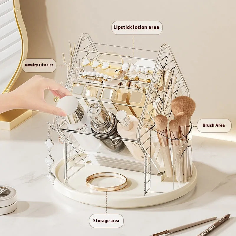 A rotating cosmetics storage box in a luxury style, shown in clear and amber gold colour options.