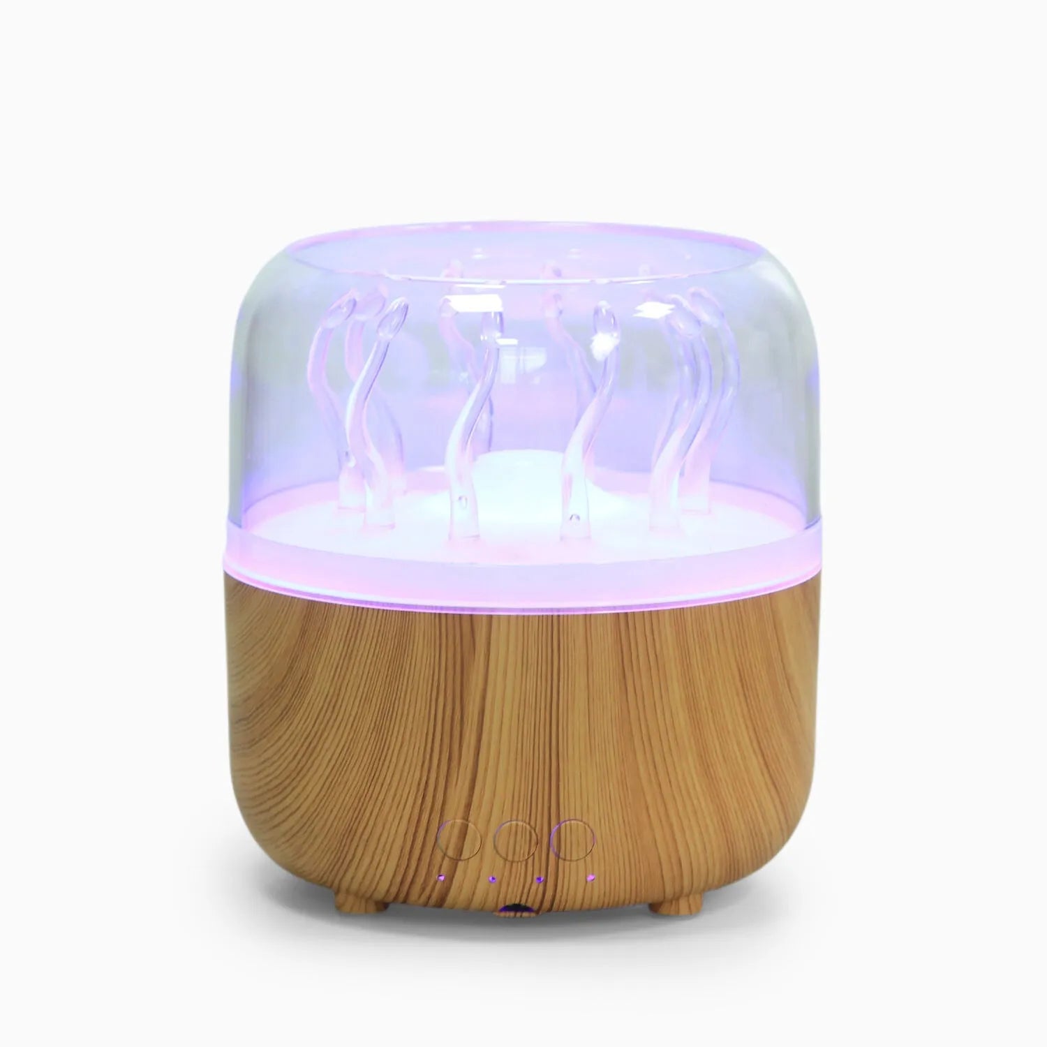 Wood grain rotating spray jellyfish ambience light humidifier with aromatherapy, black colour, on desk