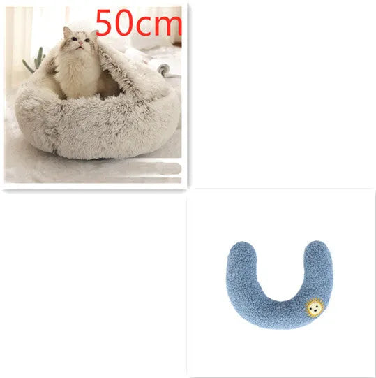 2 in 1 round plush pet bed with PP cotton filling for dogs and cats, available in brown, 65cm size