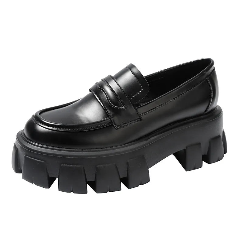 British style wide fit patent leather loafers with a rubber sole, shown in a matte finish.