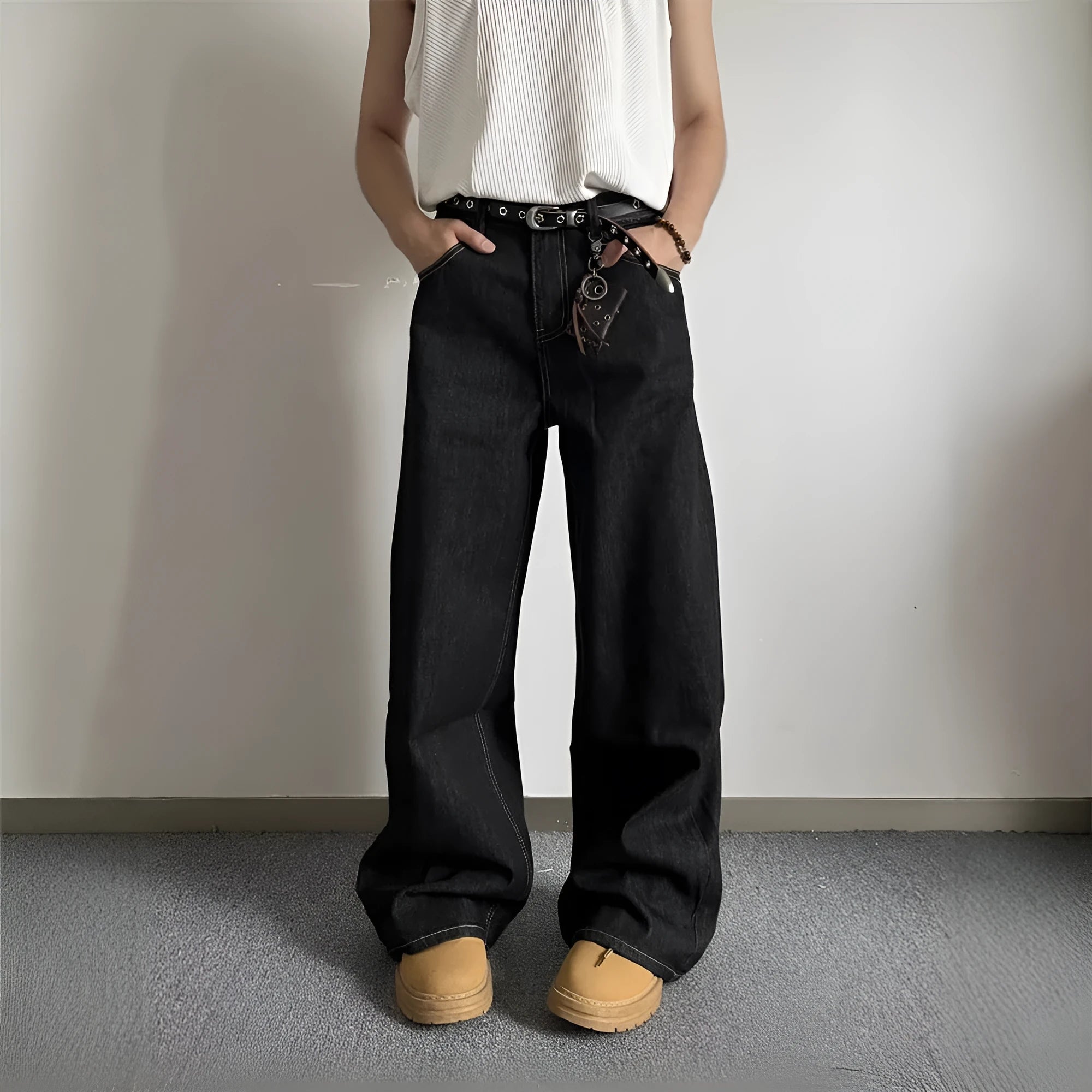 Black retro loose wide-leg jeans with a straight leg cut and zip fly on a mannequin.