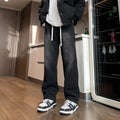 Men's blue straight-leg denim trousers with drawstring waist for casual spring summer wear