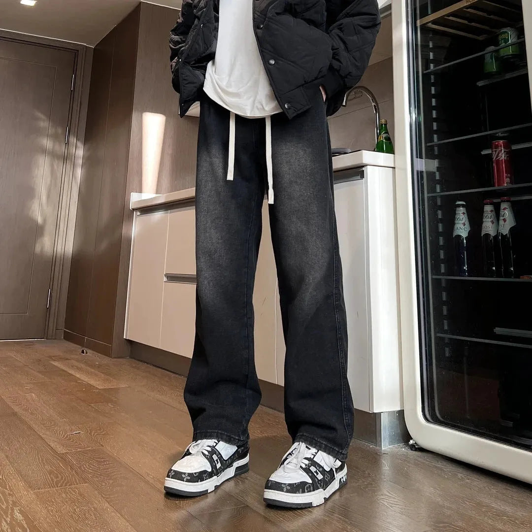 Men's blue straight-leg denim trousers with drawstring waist for casual spring summer wear