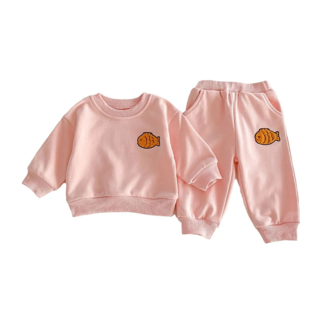 Baby cotton fish embroidered pullover top and ankle banded trousers set in light beige or pink, 73cm to 110cm