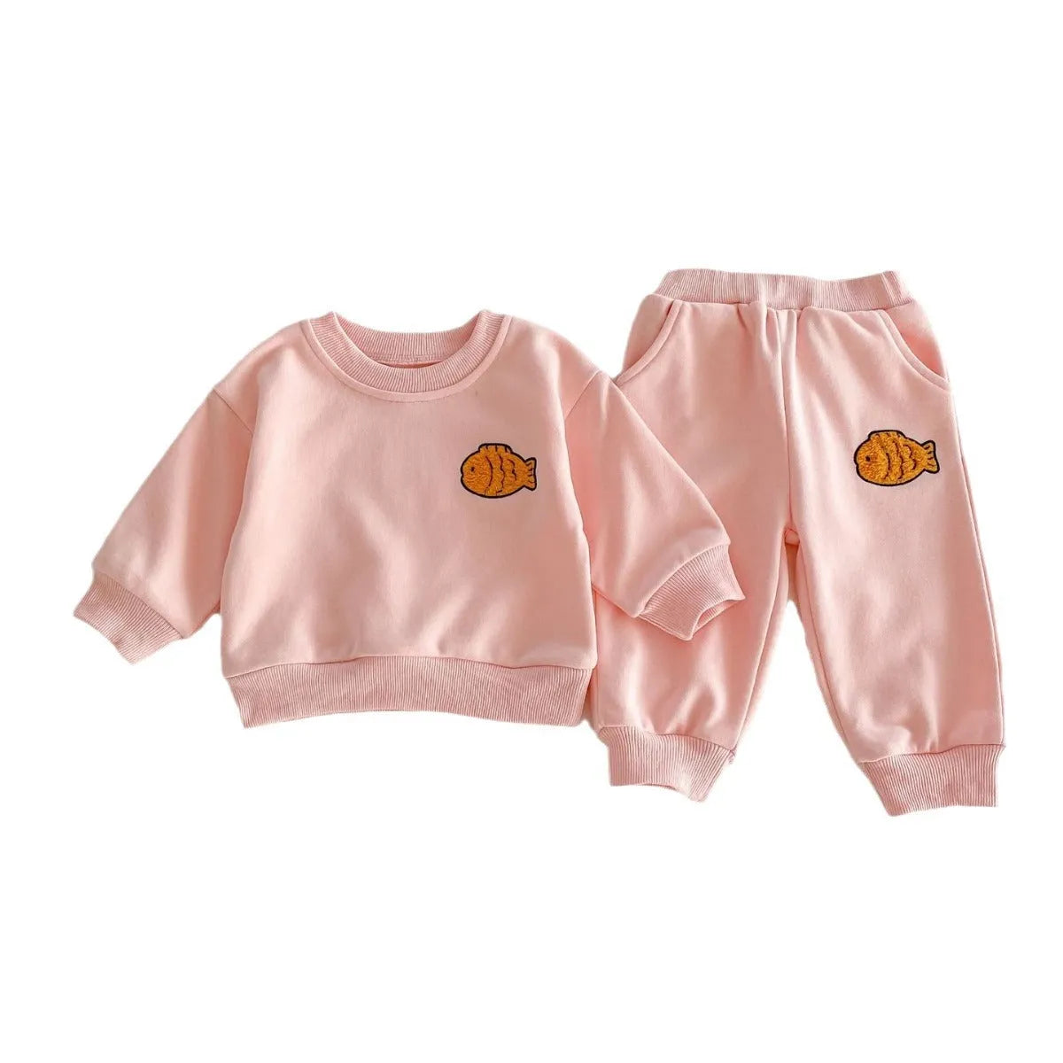 Baby cotton fish embroidered pullover top and ankle banded trousers set in light beige or pink, 73cm to 110cm