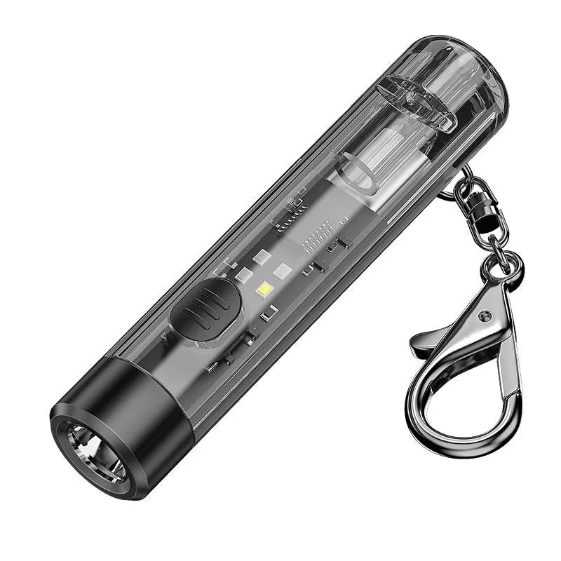 Black portable outdoor flashlight with USB charging port and compact plastic housing