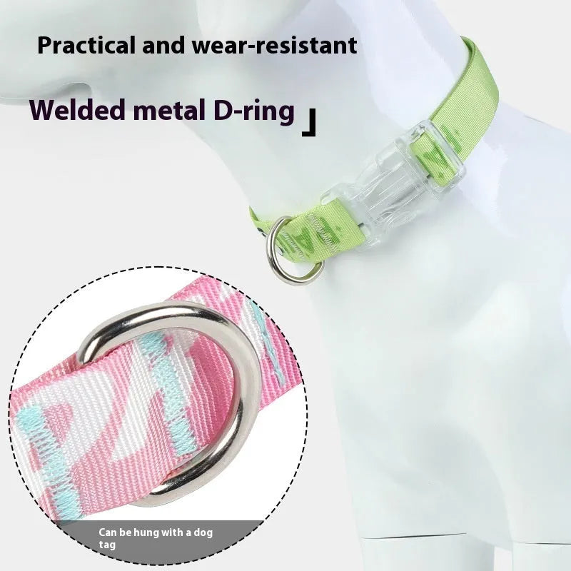 Adjustable nylon dog collar showing cartoon gradient print, displayed next to a solid panda green version.