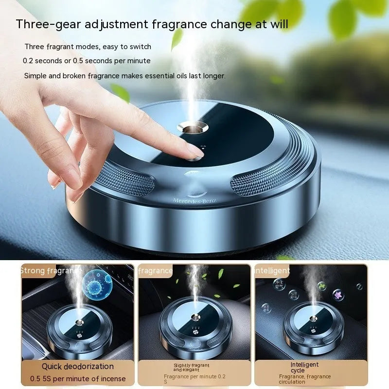 Automatic car air freshener diffuser with zinc alloy shell and included fragrance bottles on a dashboard.