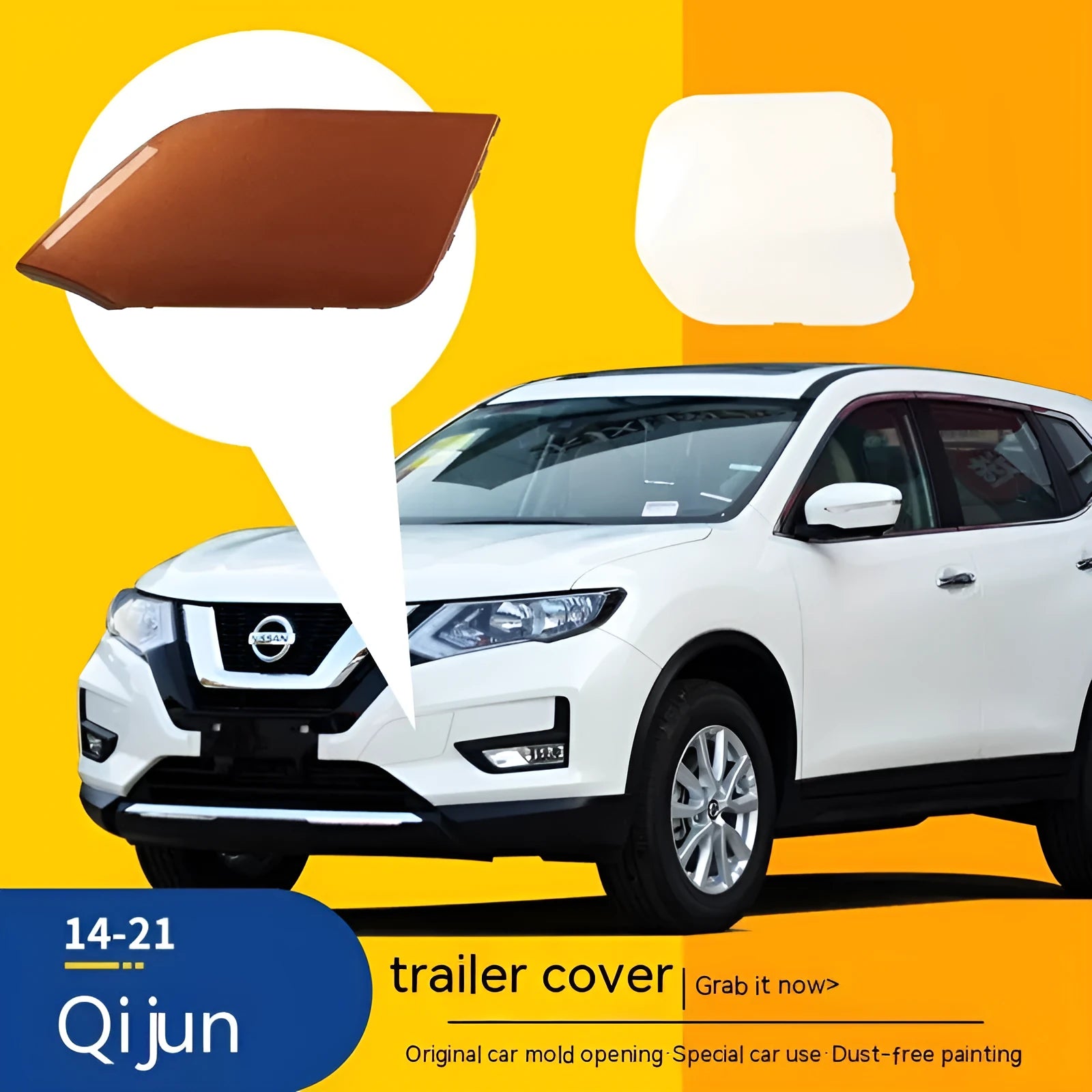 Nissan Qashqai front bumper replacement part in plastic, showing hook and rope cover plate.