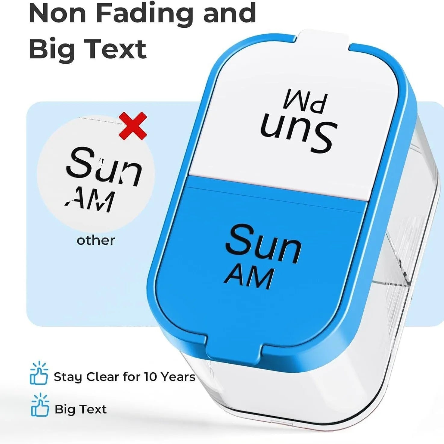 White and rainbow coloured portable weekly pill organiser with 14 removable compartments.